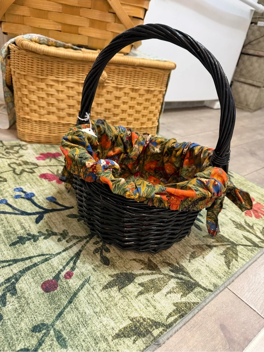 Vintage Autumn Fabric Lined Black Wicker Basket Colorful Autumn Primitives